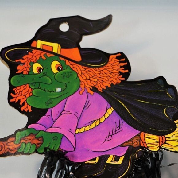 Vintage Flying Witch on Broomstick Black Fringe Halloween Cardboard Die Cut - Picture 1 of 6